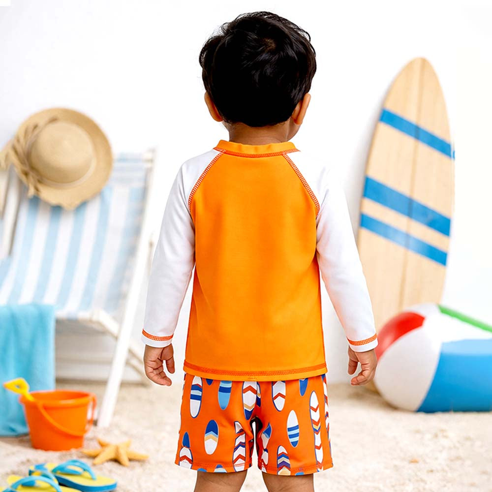 2 Pcs Orange Surfboard T-shirt & Shorts Set, Toddlers & Kids Swimwear with Free Wash Bag & Free Swim Detergent