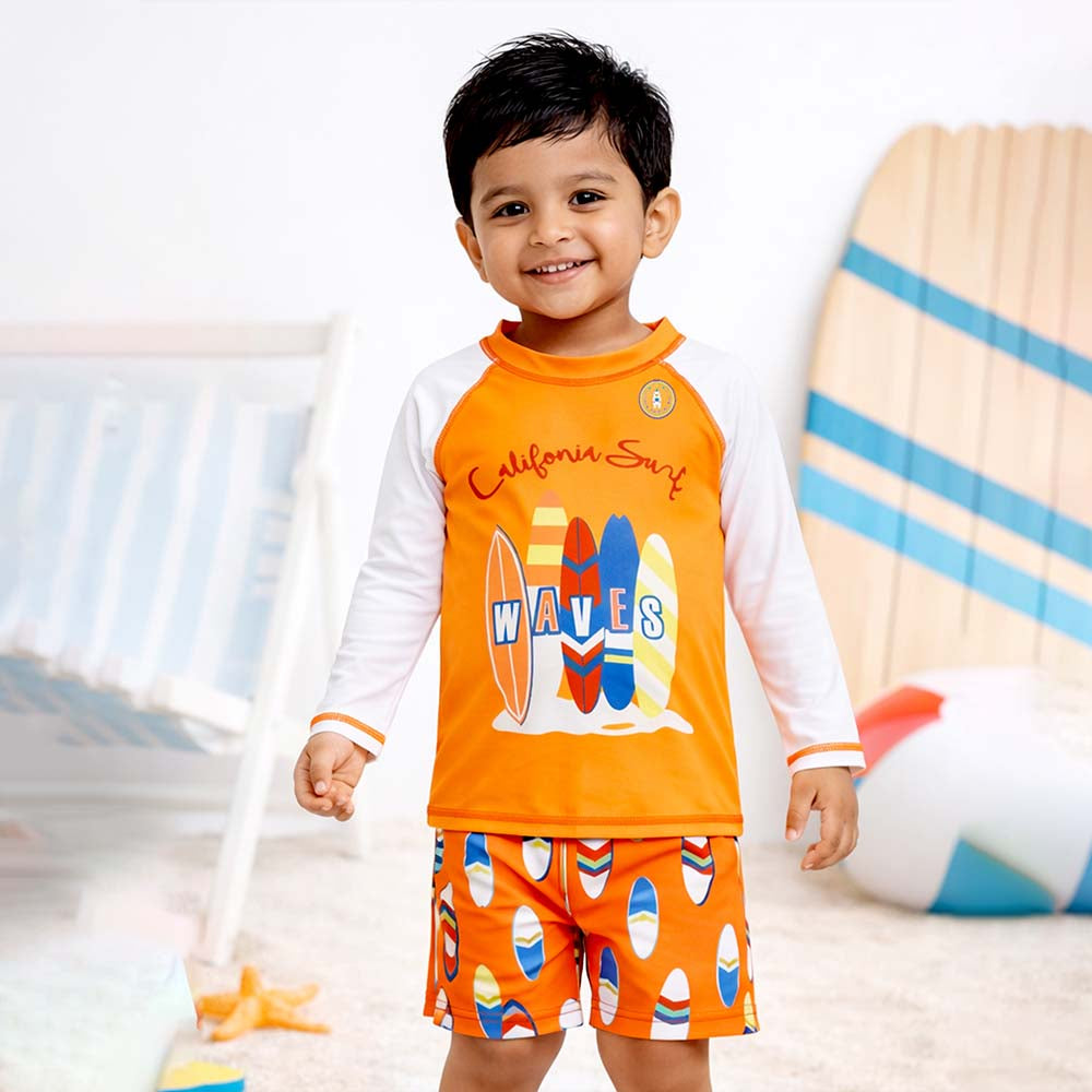2 Pcs Orange Surfboard T-shirt & Shorts Set, Toddlers & Kids Swimwear with Free Wash Bag & Free Swim Detergent