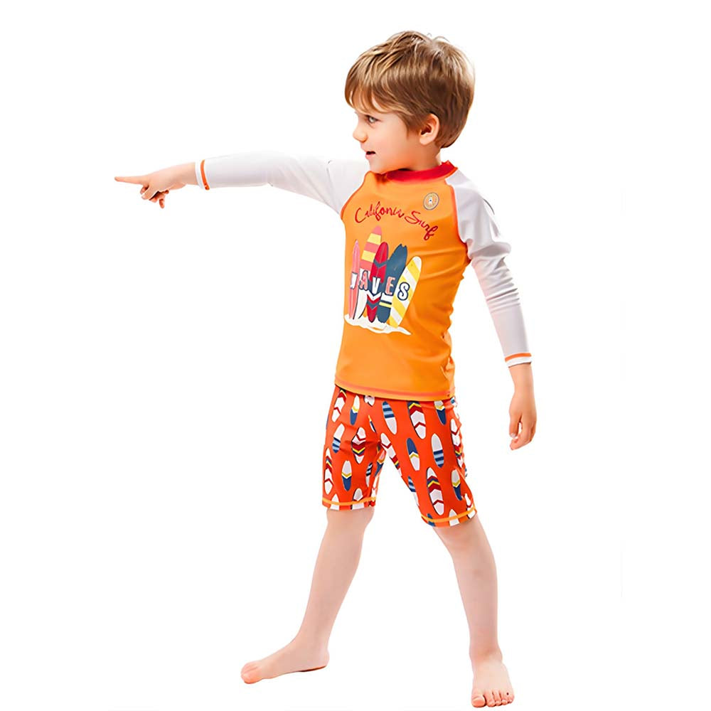 2 Pcs Orange Surfboard T-shirt & Shorts Set, Toddlers & Kids Swimwear with Free Wash Bag & Free Swim Detergent