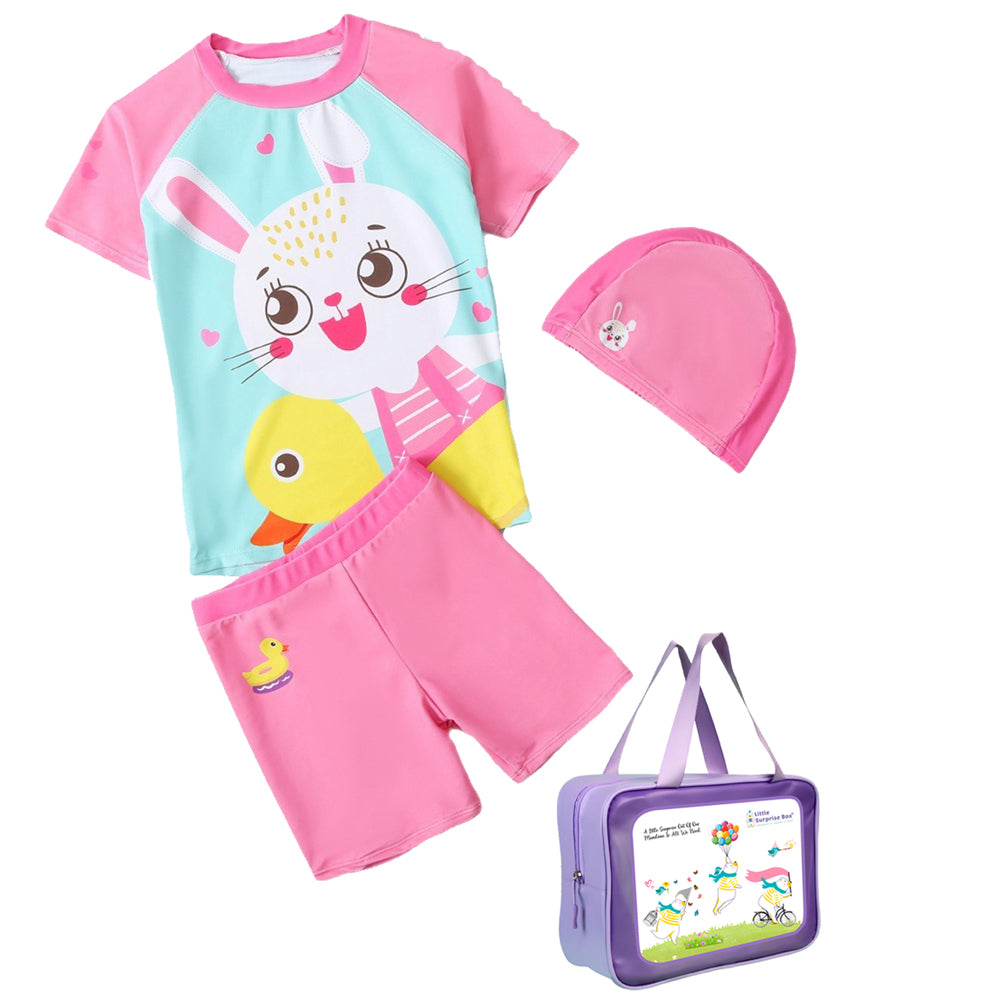 2pcs Pink & Blue Rabbit Duck theme Kids UPF 50+ Swimwear with matching Swim Cap&Free Washbag