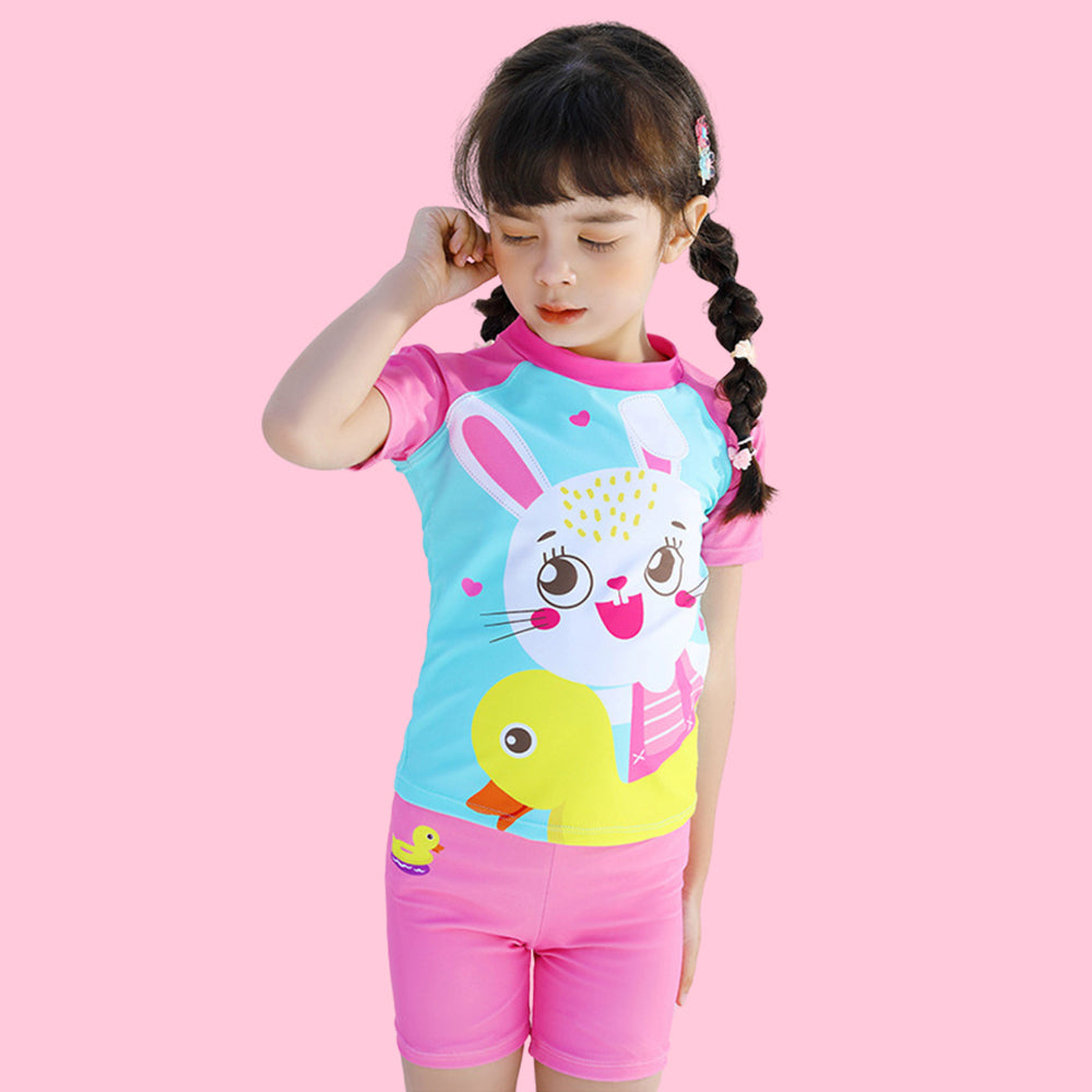 2pcs Pink & Blue Rabbit Duck theme Kids UPF 50+ Swimwear with matching Swim Cap&Free Washbag