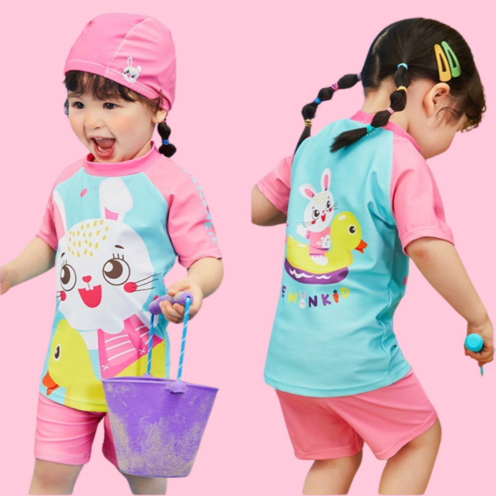 2pcs Pink & Blue Rabbit Duck theme Kids UPF 50+ Swimwear with matching Swim Cap&Free Washbag