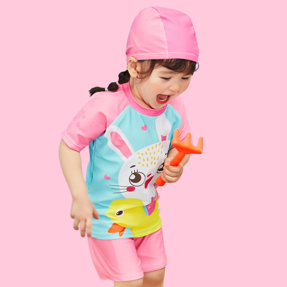 2pcs Pink & Blue Rabbit Duck theme Kids UPF 50+ Swimwear with matching Swim Cap&Free Washbag