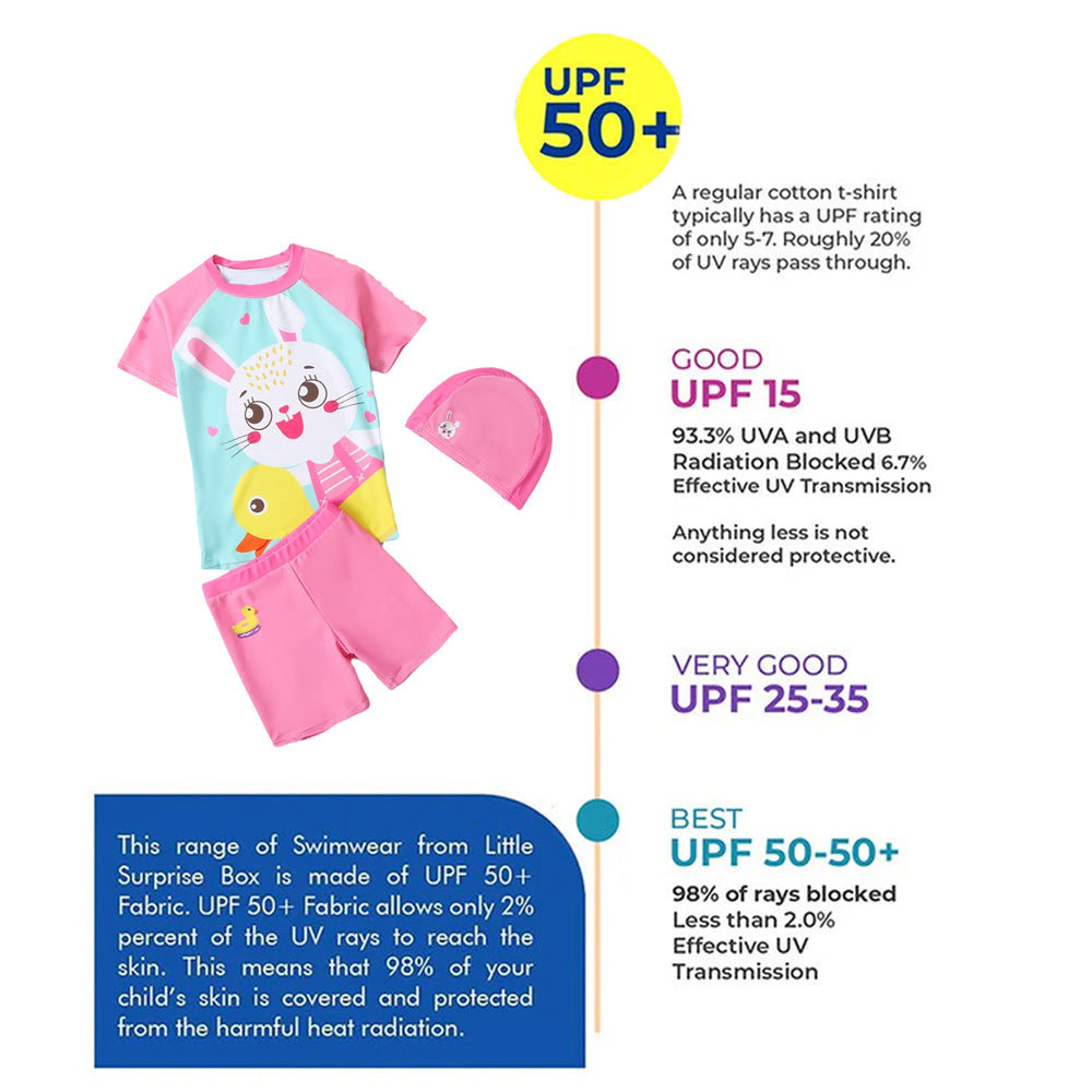 2pcs Pink & Blue Rabbit Duck theme Kids UPF 50+ Swimwear with matching Swim Cap&Free Washbag