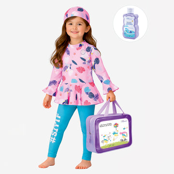 2 Pcs Pink Leaves Top & Leggings Set, Kids Swimwear with matching Swim Cap, plus Free Wash Bag & Free Swim Detergent