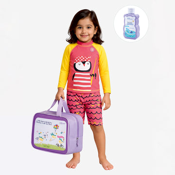2 Pcs Pink & Yellow Penguin & Shorts Set, Toddlers & Kids Swimwear with Free Wash Bag & Free Swim Detergent