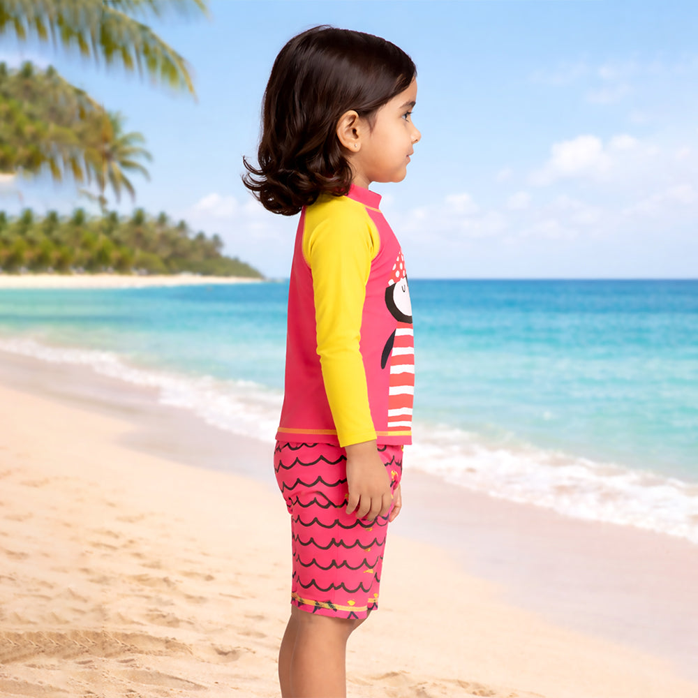 2 Pcs Pink & Yellow Penguin & Shorts Set, Toddlers & Kids Swimwear with Free Wash Bag & Free Swim Detergent