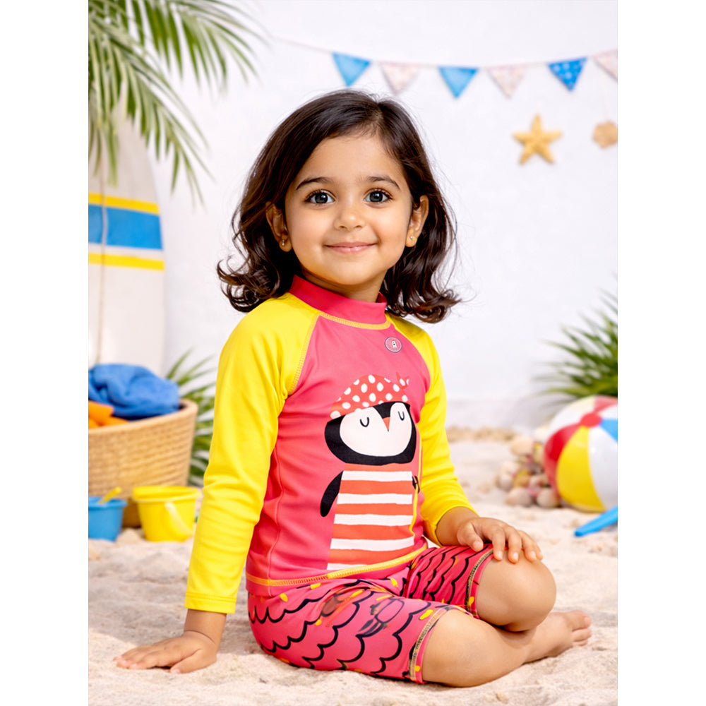 2 Pcs Pink & Yellow Penguin & Shorts Set, Toddlers & Kids Swimwear with Free Wash Bag & Free Swim Detergent