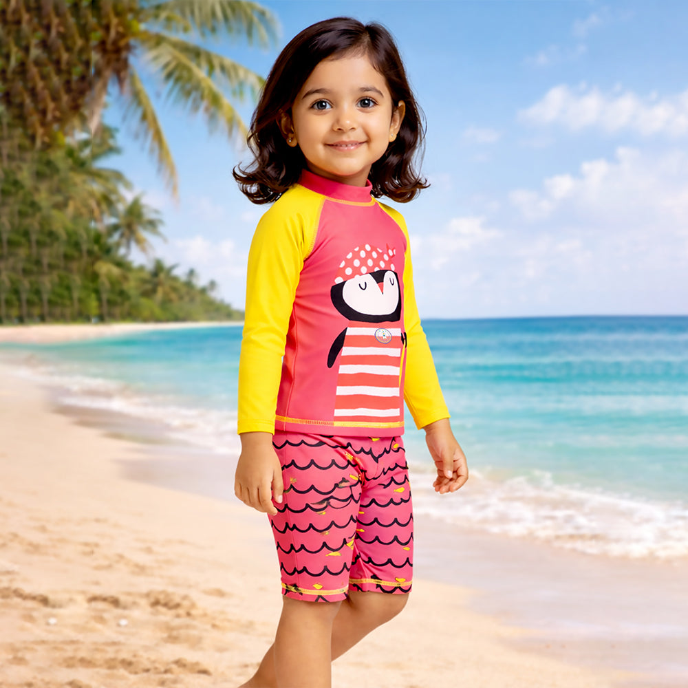 2 Pcs Pink & Yellow Penguin & Shorts Set, Toddlers & Kids Swimwear with Free Wash Bag & Free Swim Detergent