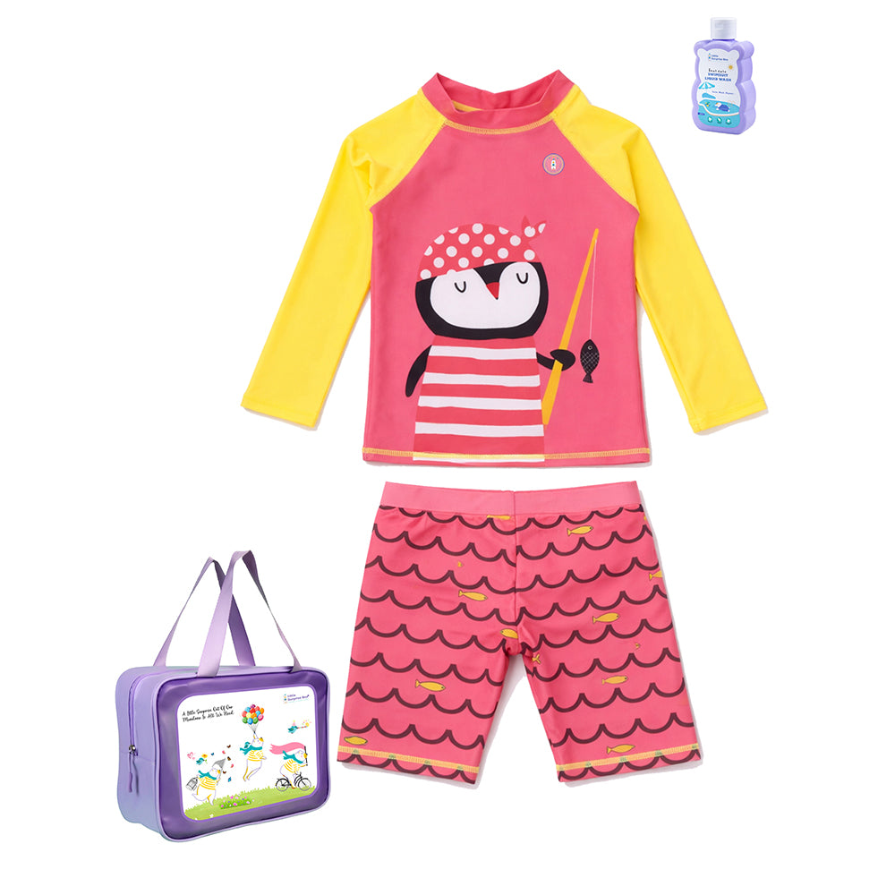 2 Pcs Pink & Yellow Penguin & Shorts Set, Toddlers & Kids Swimwear with Free Wash Bag & Free Swim Detergent