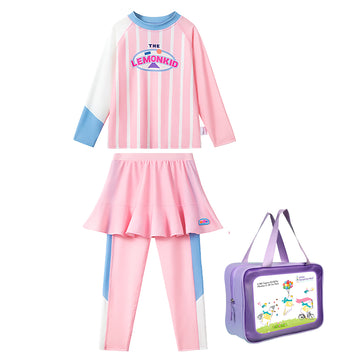 2pcs Bold Pink Stripes Swimsuit for Girls with UPF 50+. with Free Washbag