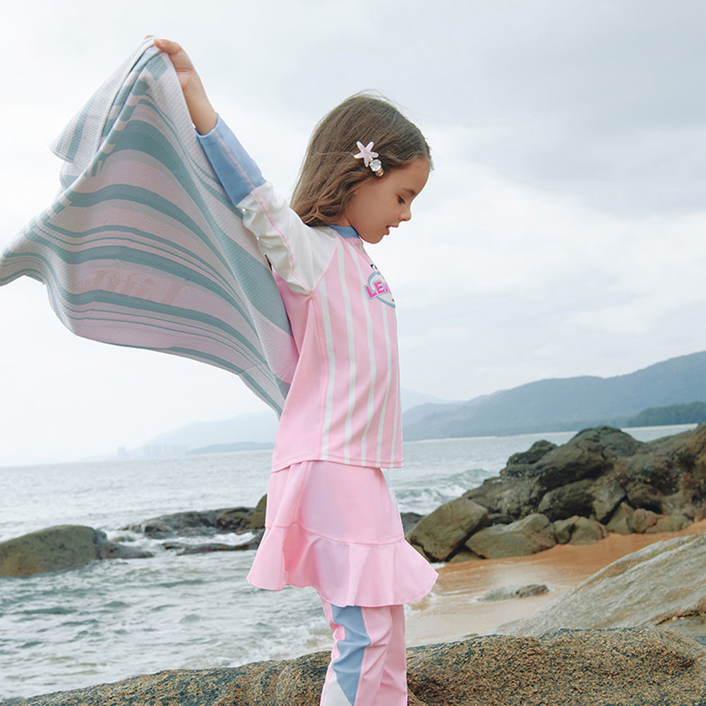 2pcs Bold Pink Stripes Swimsuit for Girls with UPF 50+. with Free Washbag