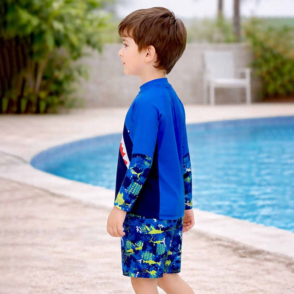 2 Pcs Polka Shark Print T-shirt & Shorts Set, Kids Swimwear with matching Swim Cap, plus Free Wash Bag & Free Swim Detergent