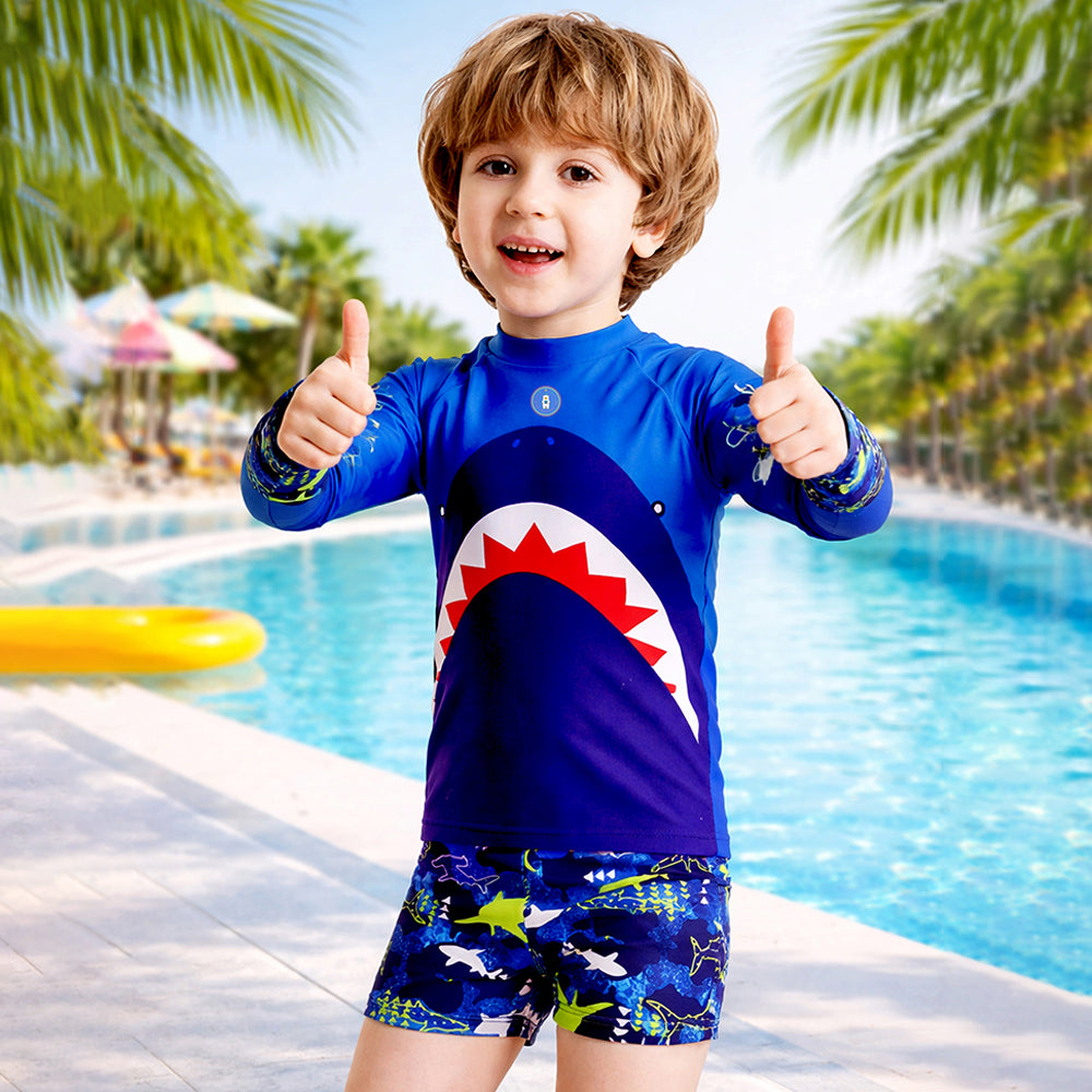 2 Pcs Polka Shark Print T-shirt & Shorts Set, Kids Swimwear with matching Swim Cap, plus Free Wash Bag & Free Swim Detergent