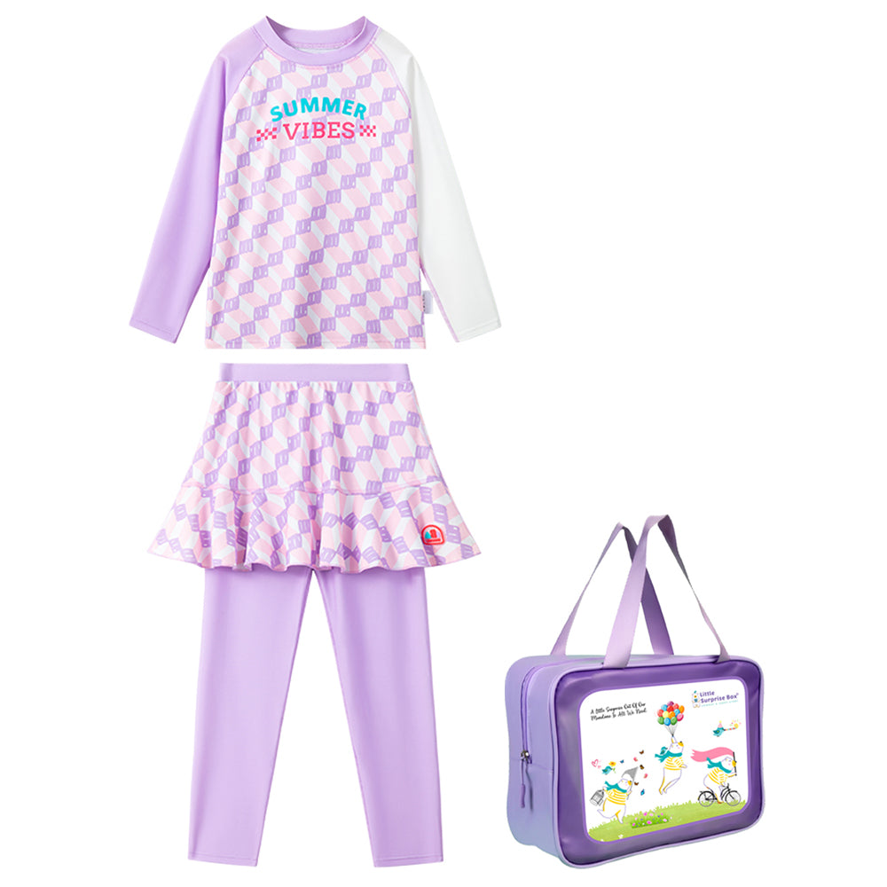 2pcs Purple Checkered Swimsuit for Girls with UPF 50+ with Free Washbag