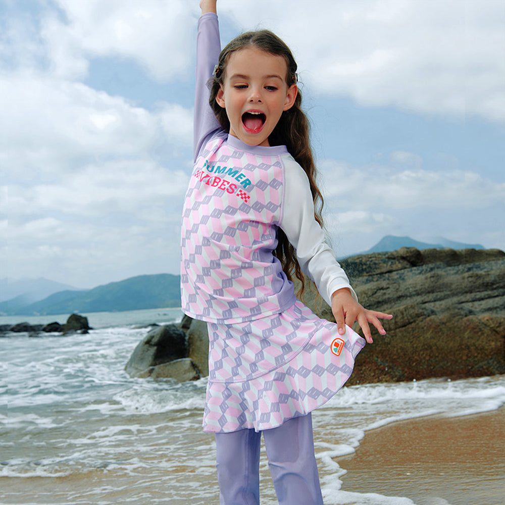 2pcs Purple Checkered Swimsuit for Girls with UPF 50+ with Free Washbag