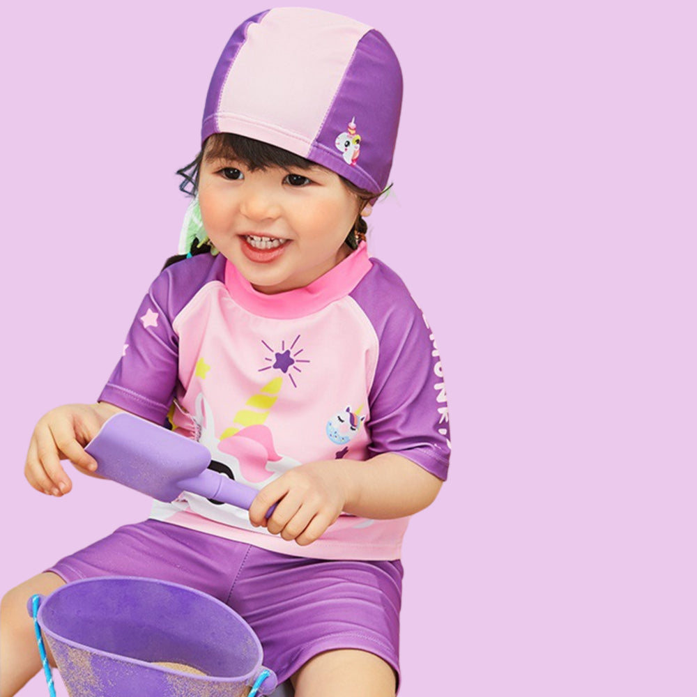 2pcs Purple Frill Uni Kids UPF 50+ Swimwear with matching Swim Cap