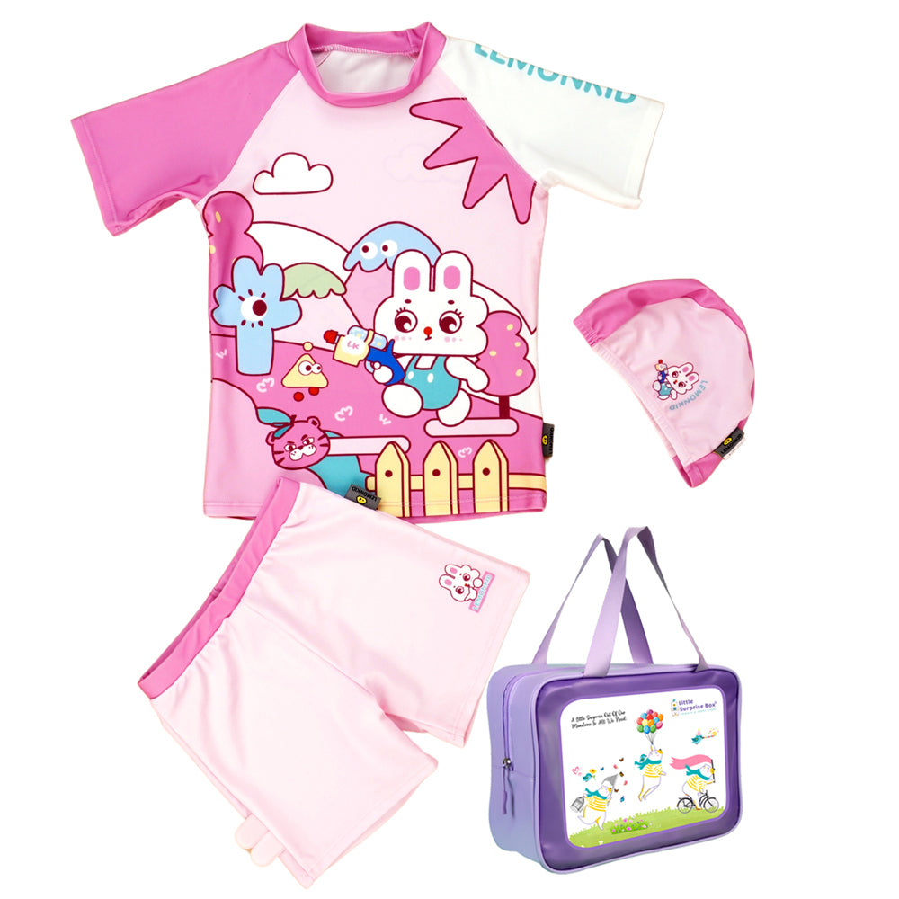 2pcs Shirt & Shorts set Baby Pink Rabbit Toy Kids UPF 50+ Swimwear with matching swim cap with matching Swim Cap&Free Washbag