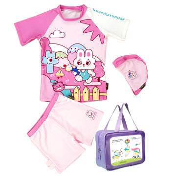 2pcs Shirt & Shorts set Baby Pink Rabbit Toy Kids UPF 50+ Swimwear with matching swim cap with matching Swim Cap&Free Washbag