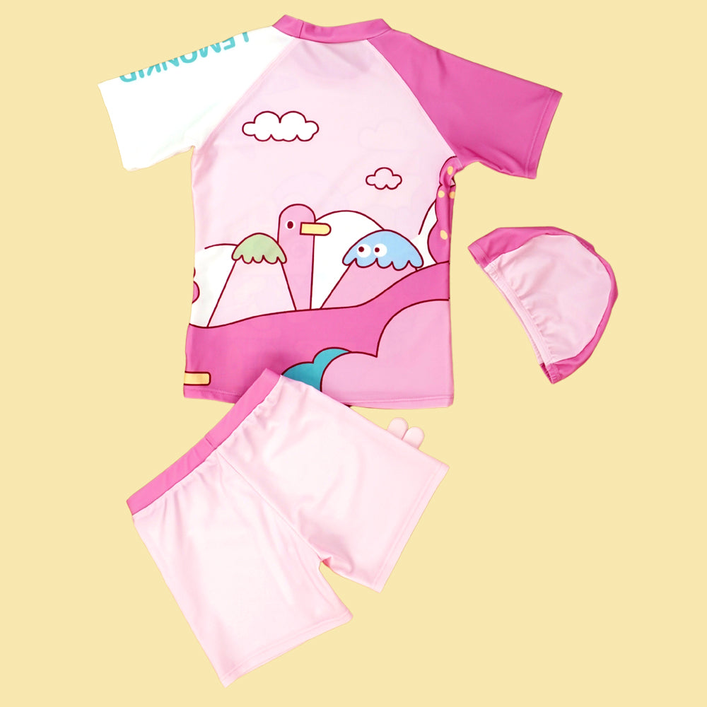 2pcs Shirt & Shorts set Baby Pink Rabbit Toy Kids UPF 50+ Swimwear with matching swim cap with matching Swim Cap&Free Washbag