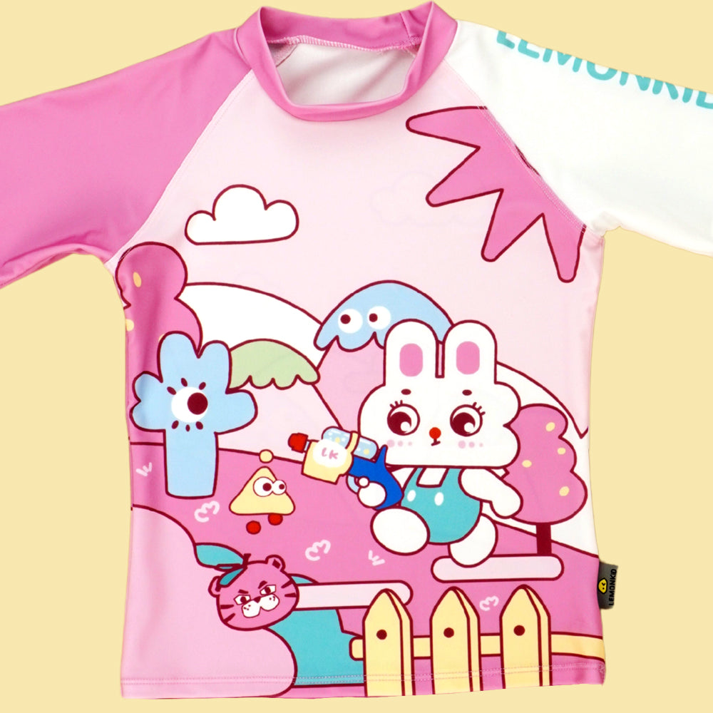 2pcs Shirt & Shorts set Baby Pink Rabbit Toy Kids UPF 50+ Swimwear with matching swim cap with matching Swim Cap&Free Washbag