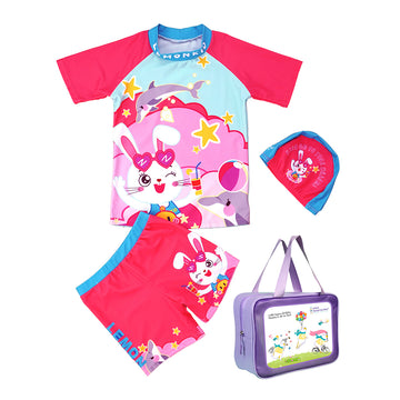 2pcs Pink Starry Rabbit,Kids UPF 50+ Swimwear with matching Swim Cap&Free Washbag
