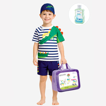 2 Pcs 3D Crocodile T-shirt & Shorts Set, Kids Swimwear with matching Swim Cap, plus Free Wash Bag & Free Swim Detergent