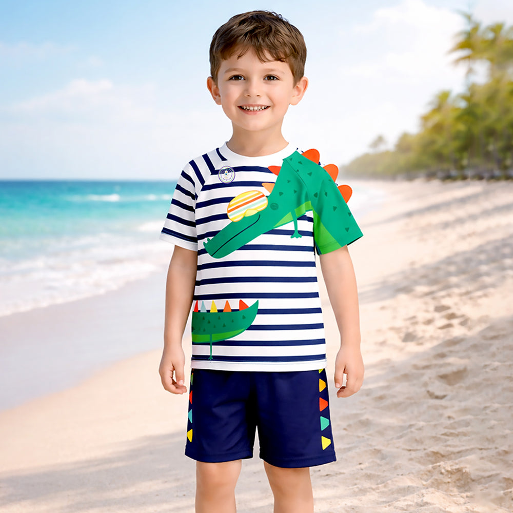 2 Pcs 3D Crocodile T-shirt & Shorts Set, Kids Swimwear with matching Swim Cap, plus Free Wash Bag & Free Swim Detergent