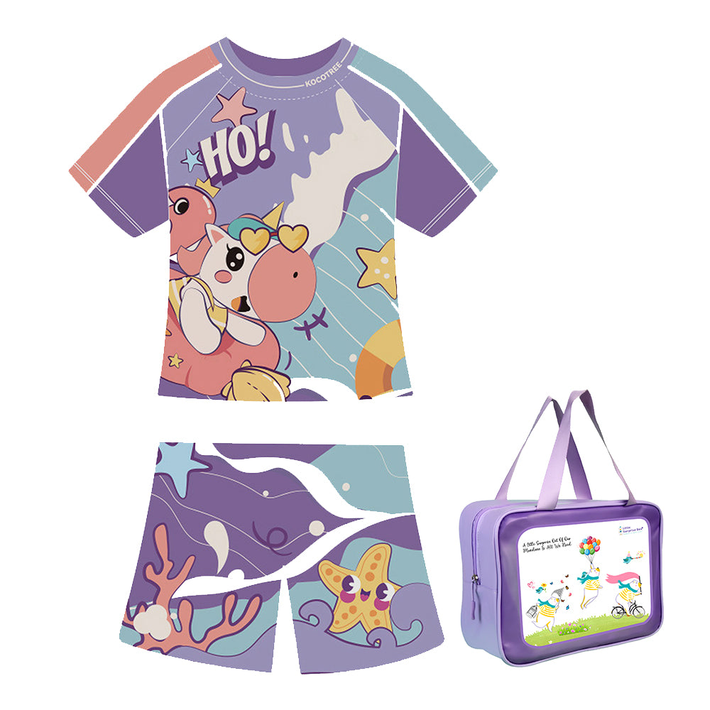 2 PCS Flamingo Float Unicorn Tshirt & Shorts set Swimwear for Kids & Toddlers with Free Washbag