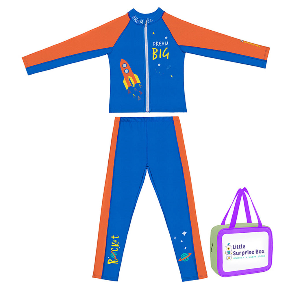 2 pcs Shirt & Pants set LSB Blue & Orange Space Swimwear Full length for Kids with UPF 30+ with matching Swim Cap&Free Washbag