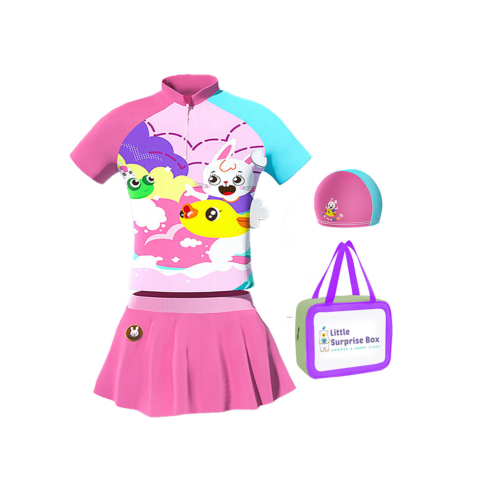 2 pcs Shirt & Skirt set, Mint & Pink Multi Swimwear UPF 50+ with matching Swim Cap & Free Washbag
