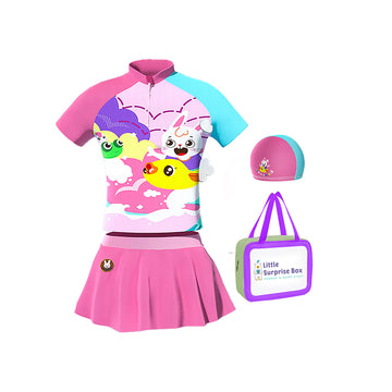 2 pcs Shirt & Skirt set, Mint & Pink Multi Swimwear UPF 50+ with matching Swim Cap & Free Washbag