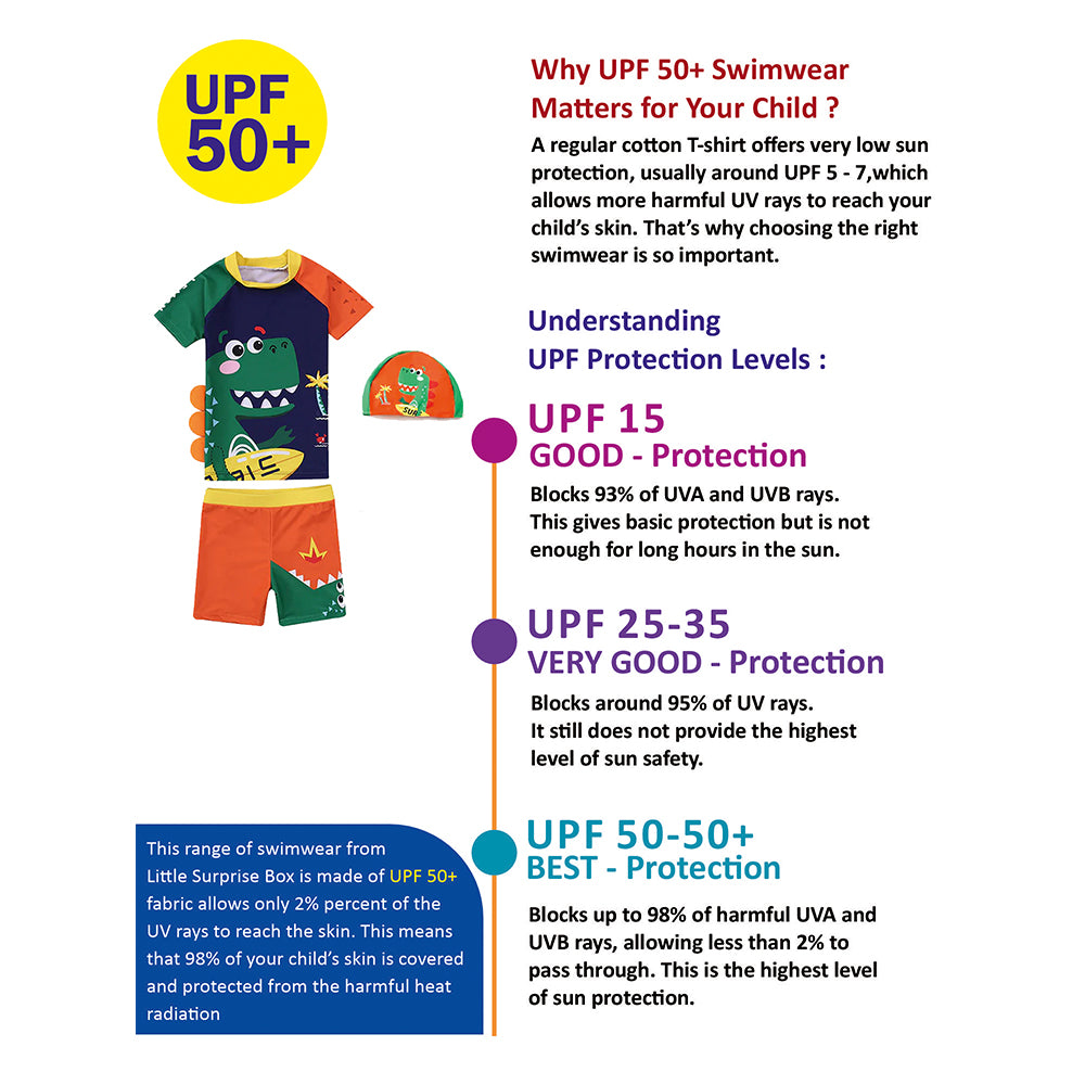 2 pcs Shirt & Shorts set 3d Orange Dinosaur Kids Swimwear, with UPF 50+ with Matching Swim Cap & Free Washbag