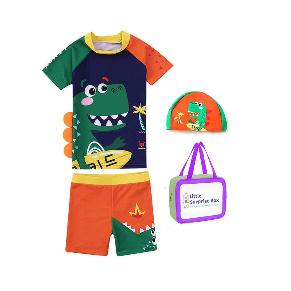 2 pcs Shirt & Shorts set 3d Orange Dinosaur Kids Swimwear, with UPF 50+ with Matching Swim Cap & Free Washbag