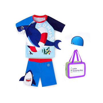 طقم مكون من قميص وشورت باللونين الأحمر والأزرق من ملابس السباحة للأطفال بطبعة حوت ثلاثي الأبعاد مع قبعة سباحة متطابقة بعامل حماية من الأشعة فوق البنفسجية 50+
