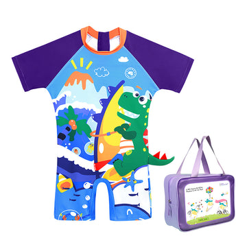3d Tail Blue Surfing Dino Kids Swimwear  with matching Swim Cap & Free Washbag