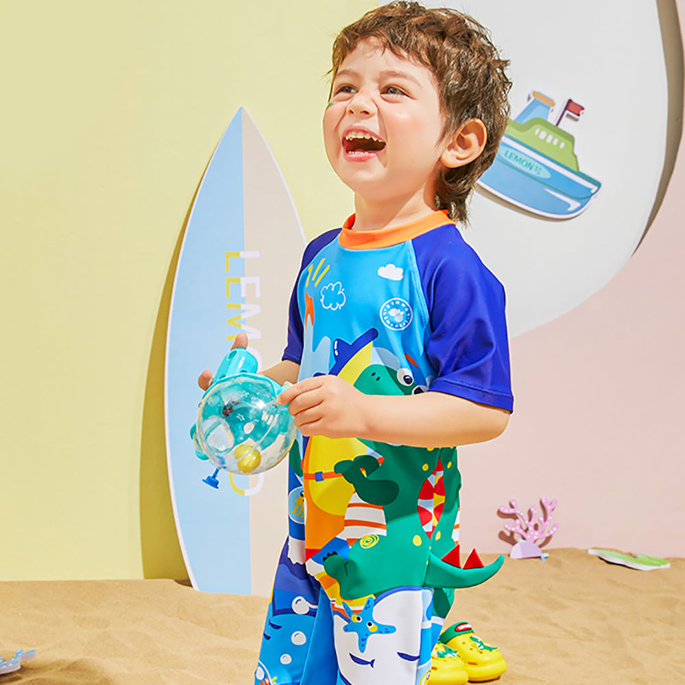 3d Tail Blue Surfing Dino Kids Swimwear  with matching Swim Cap & Free Washbag
