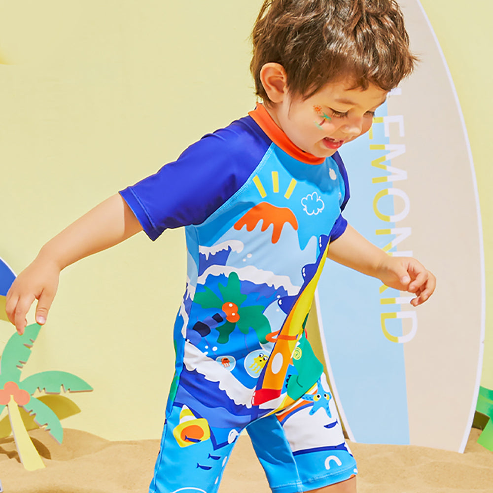 3d Tail Blue Surfing Dino Kids Swimwear  with matching Swim Cap & Free Washbag