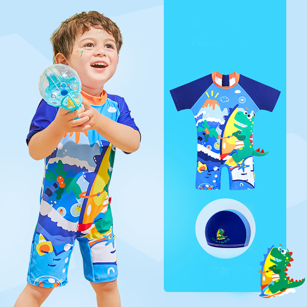 3d Tail Blue Surfing Dino Kids Swimwear  with matching Swim Cap & Free Washbag