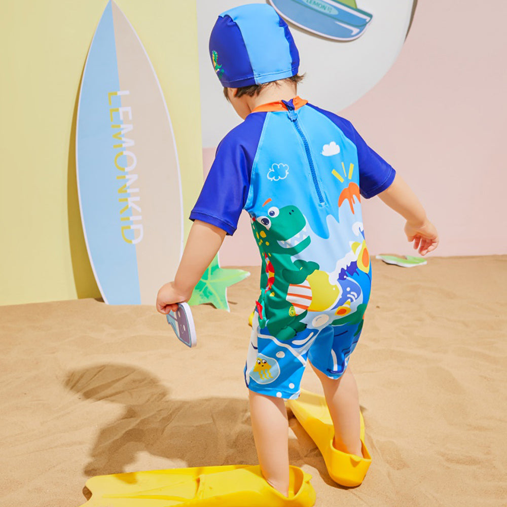 3d Tail Blue Surfing Dino Kids Swimwear  with matching Swim Cap & Free Washbag