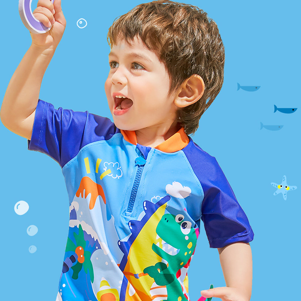 3d Tail Blue Surfing Dino Kids Swimwear  with matching Swim Cap & Free Washbag