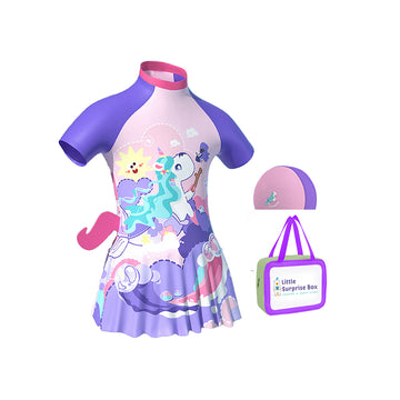 3d Tail Purple Mermaid Unicorn Frock style Kids Swimwear UPF 50+ with matching Swim Cap&Free Washbag
