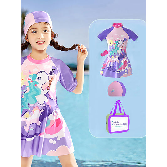 3d Tail Purple Mermaid Unicorn Frock style Kids Swimwear  with matching Swim Cap with UPF 50+