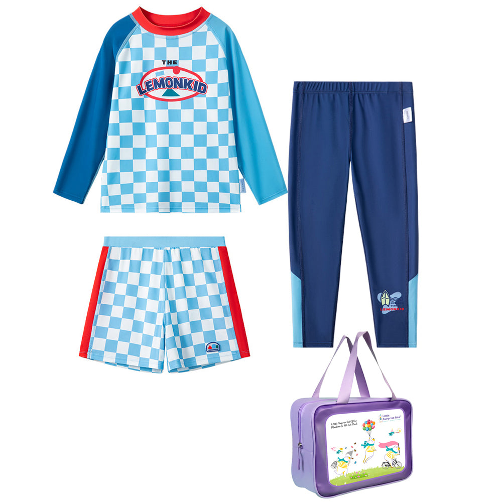 3pcs Blue Checkered Swimsuit for Boys with UPF 50+& a free Swim Washbag.