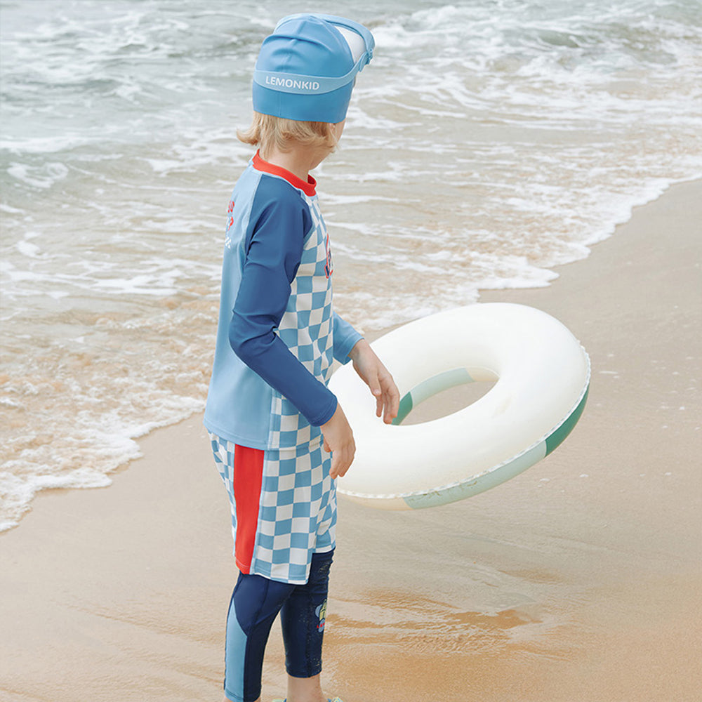 3pcs Blue Checkered Swimsuit for Boys with UPF 50+ with Free Washbag