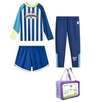 3pcs Bold Blue Green Stripes Swimsuit for Boys with UPF 50+. with Free Washbag