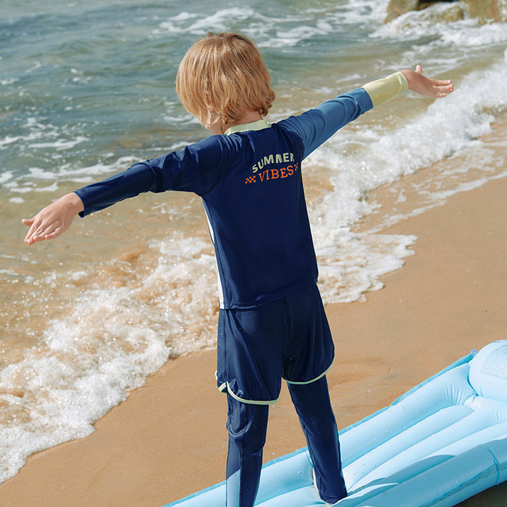 3pcs Bold Blue Green Stripes Swimsuit for Boys with UPF 50+. with Free Washbag