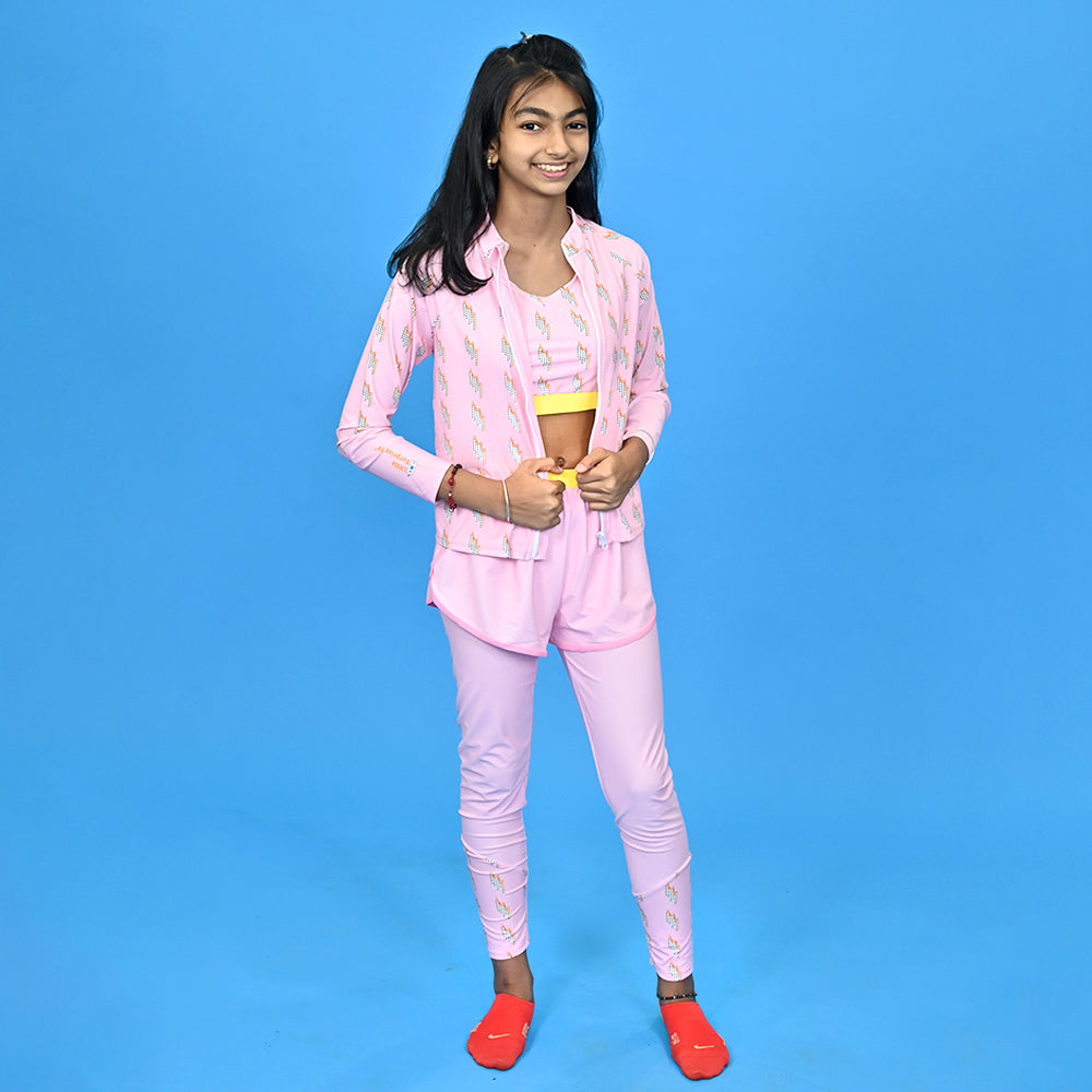 3pcs Pink Flower Power Matching Top,leggings & Jacket style Swimwear set for Pre Teens & Teens with  Free Washbag