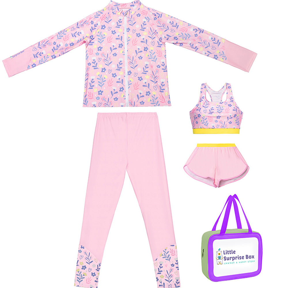 3pcs Pink Flower Power Matching Top,leggings & Jacket style Swimwear set for Pre Teens & Teens with  Free Washbag