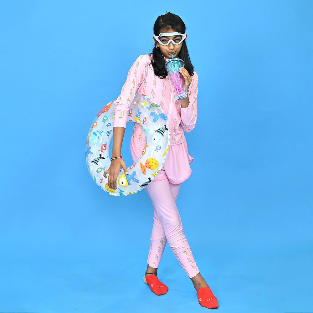 3pcs Pink Flower Power Matching Top,leggings & Jacket style Swimwear set for Pre Teens & Teens with  Free Washbag